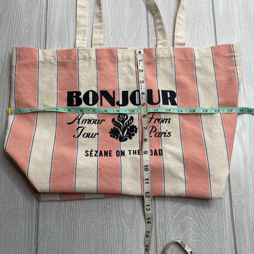 Sezane Bonjour Amour Tour From Paris Pink Striped Canvas Tote Bag - Picture 4 of 10